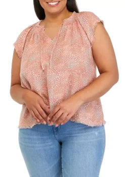 New 🥰 TRUE CRAFT Plus Size Printed Flutter Sleeve Peasant Blouse 🛒 -True Craft Clothing Store Belk 1093