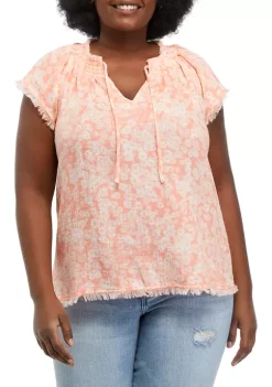 New 🥰 TRUE CRAFT Plus Size Printed Flutter Sleeve Peasant Blouse 🛒 -True Craft Clothing Store Belk 1096