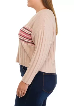 New 🛒 TRUE CRAFT Plus Size Long Sleeve Ribbed V-Neck Sweater with Stripes 👍 -True Craft Clothing Store Belk 1481