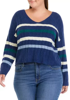 New 🛒 TRUE CRAFT Plus Size Long Sleeve Ribbed V-Neck Sweater with Stripes 👍 -True Craft Clothing Store Belk 1482