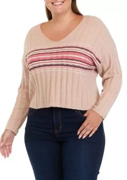 New 🛒 TRUE CRAFT Plus Size Long Sleeve Ribbed V-Neck Sweater with Stripes 👍 -True Craft Clothing Store Belk 1483