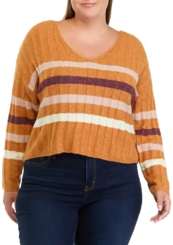New 🛒 TRUE CRAFT Plus Size Long Sleeve Ribbed V-Neck Sweater with Stripes 👍 -True Craft Clothing Store Belk 1484