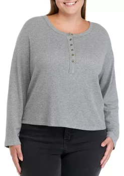 Best Pirce ✔️ TRUE CRAFT Plus Size Long Sleeve Cropped Easy Henley 👚 Shirt 😀 -True Craft Clothing Store Belk 1850