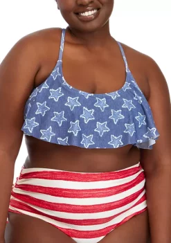 Coupon ⭐ TRUE CRAFT Plus Size Spirit Star Flounce Bralette Swim Top ✔️
