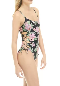 New 🥰 TRUE CRAFT Rio Floral Lace Up One Piece 🩱 Swimsuit 👏 -True Craft Clothing Store Belk 2381