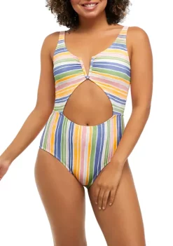 Promo ❤️ TRUE CRAFT Seaside Striped Notch Neck One Piece 🩱 Swimsuit ✨