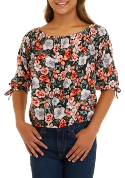 Best Pirce 🌟 TRUE CRAFT 👧 Girls 7-16 Tie Blouson Sleeve Floral Blouse 🔥