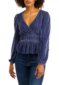 Coupon ⭐ TRUE CRAFT Juniors' Long Sleeve Velvet Surplice Top 🛒