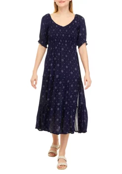 Best Sale 🎁 TRUE CRAFT Short Sleeve Smocked Tiered Midi 👗 Dress 🧨 -True Craft Clothing Store Belk 899